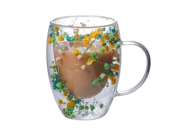 Caneca em Vidro Duplo Boro - 350ml FloralGlass Harmony - Lemon Express
